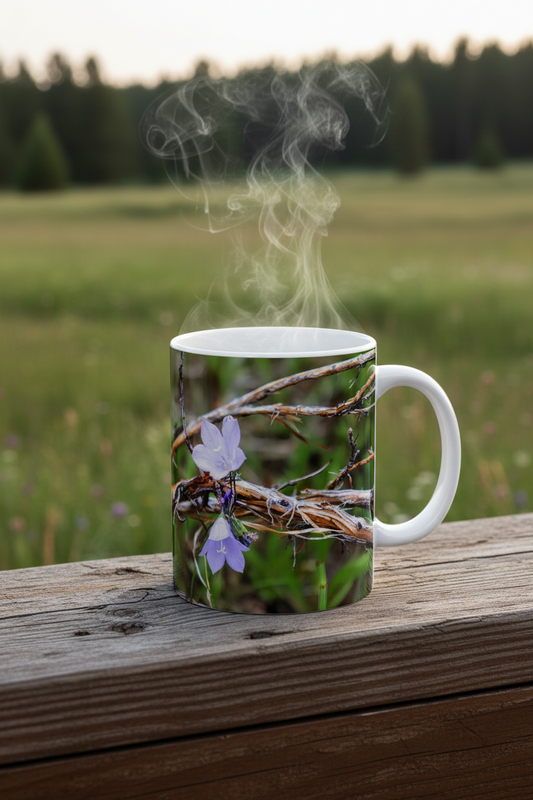 Steaming mug with macro wildflower and branch print on wooden railing outdoors