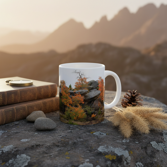 White mug with a macro photo of Wyoming autumn foliage and rocks, on a stone surface outdoors