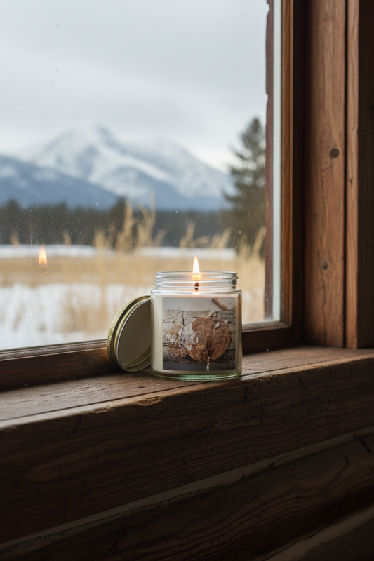 Lit candle in glass jar with macro leaf photo, on rustic windowsill, snowy mountains view