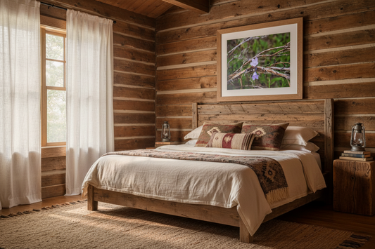 Cozy rustic bedroom with wooden walls featuring a framed macro wildflower print above the bed
