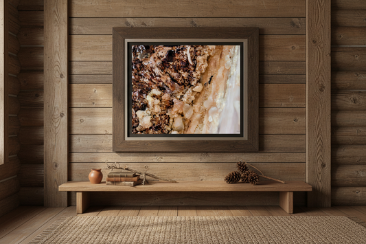 Macro photo of textured tree bark with resin displayed in rustic wood frame on log cabin wall