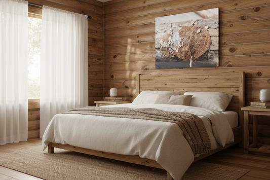 Cozy rustic bedroom with wooden walls, neutral bedding, and macro leaf art print above the bed