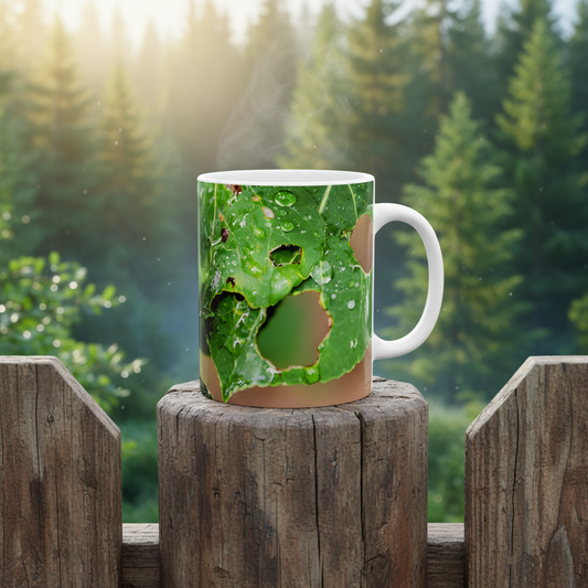 Ceramic mug with macro photo of dew-covered, holey green leaves, outdoors on wooden railing