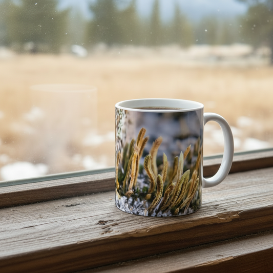 Ceramic mug with macro lichen and moss print on rustic windowsill, nature scene outside
