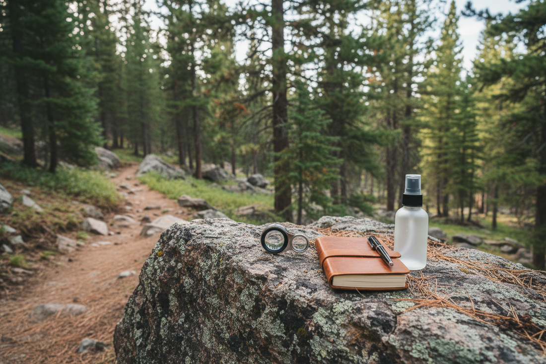 Forest trail with notebook, magnifying glass, and spray bottle on lichen-covered rock