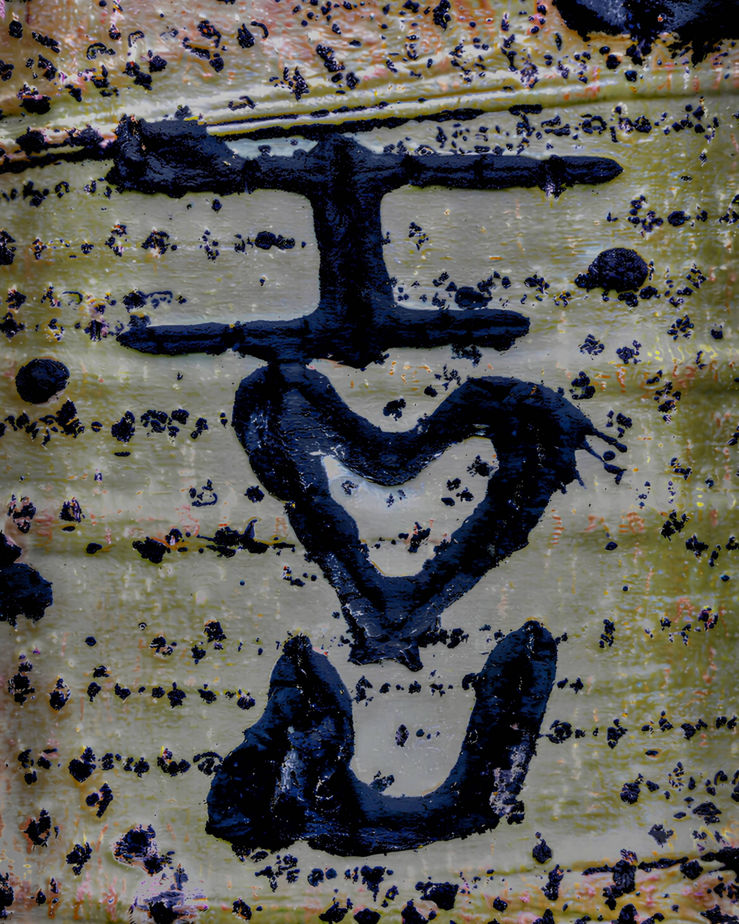 Close-up of weathered metal with bold black graffiti tag on textured, rust-speckled surface.