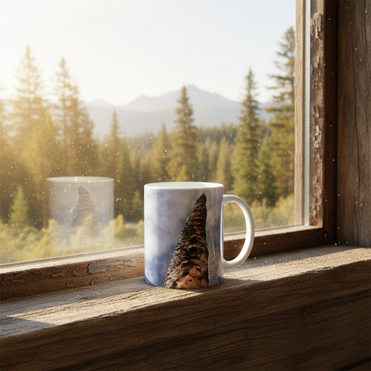 Close-up tree bark macro photo mug on rustic windowsill with forest and mountains view