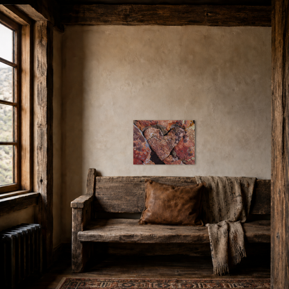 Rustic wall art print of textured red rock formations, displayed above a wooden bench in a cozy cabin interior.