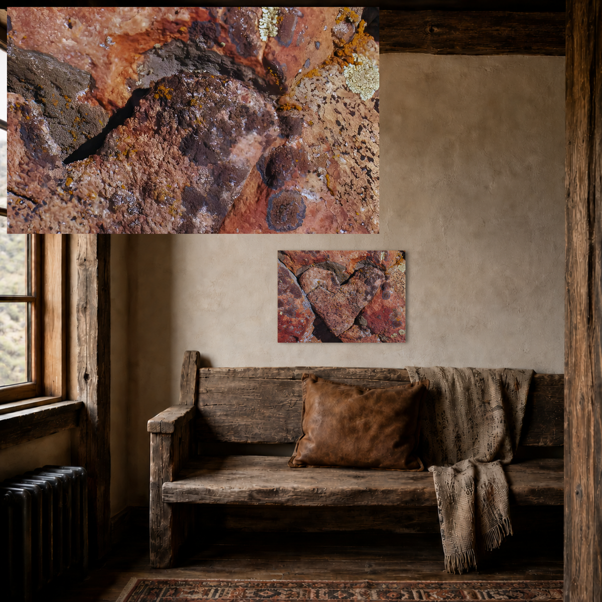 Rustic wall art featuring macro Wyoming rock textures with lichen, displayed above a wooden bench in a cozy cabin interior.