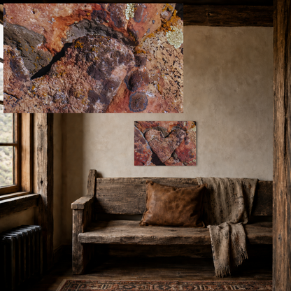 Rustic wall art featuring macro Wyoming rock textures with lichen, displayed above a wooden bench in a cozy cabin interior.