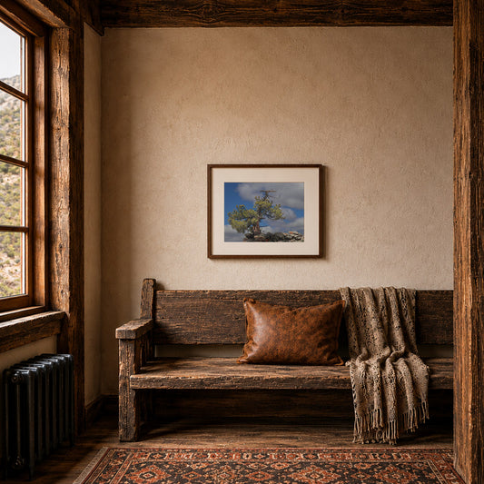High Country Sentinel hanging in a warm timber-framed room above a rustic bench